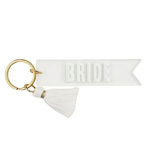 Bride Acrylic Dovetail Cut White Tassle Gold Key Ring Wedding Keychain NWT